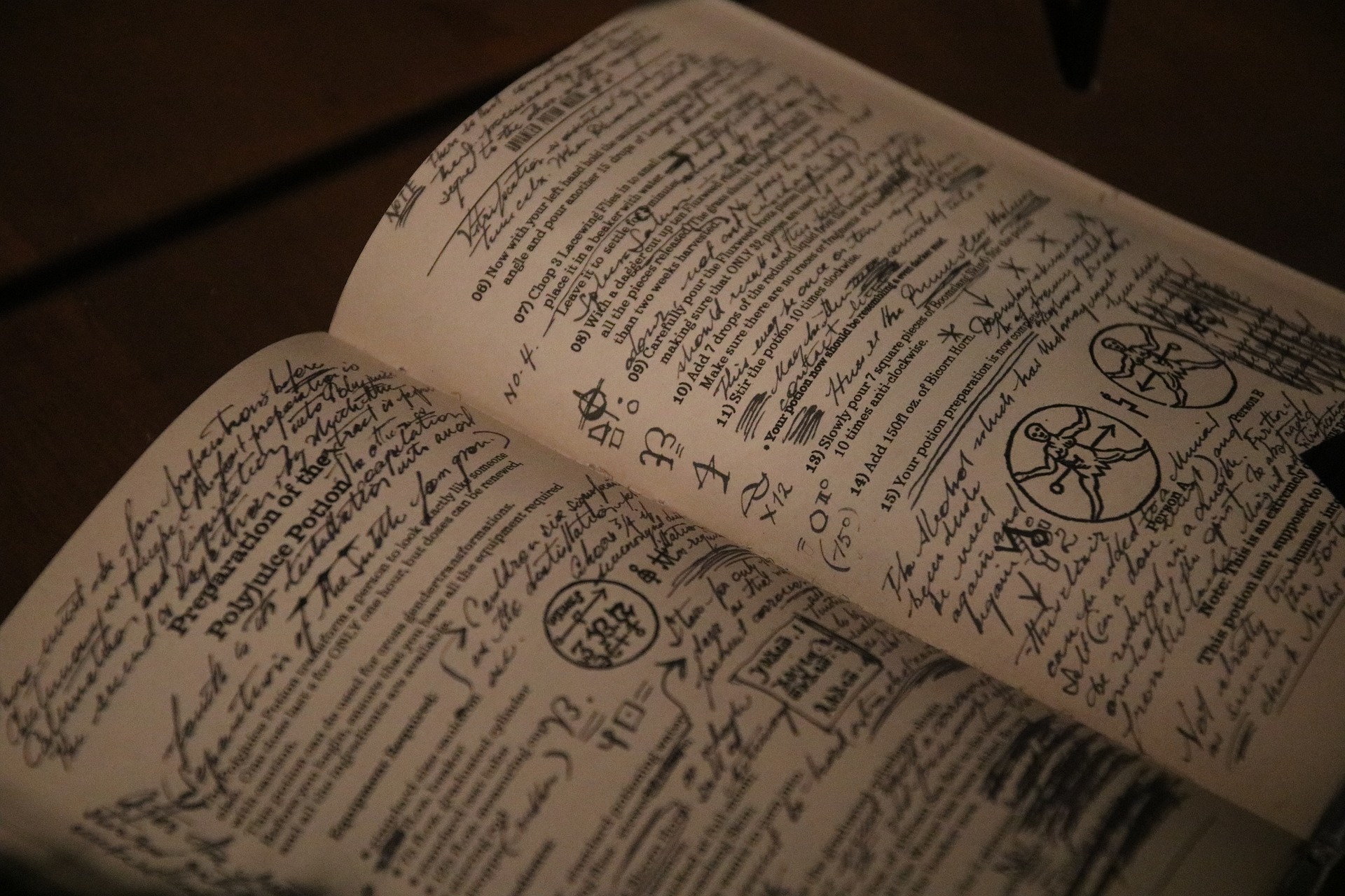An open, handwritten book filled with arcane symbols, diagrams, and what looks to be spells or recipes.