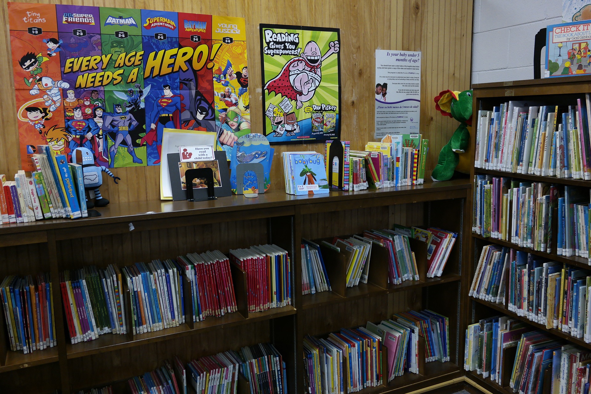 A classroom library. Bookshelves are stacked with children's books, and bright posters cover the walls.