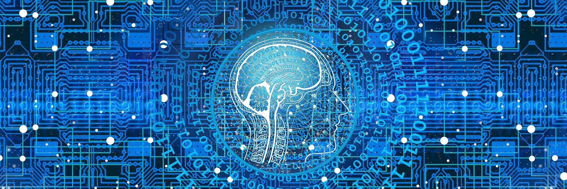 An illustration of a human brain overlaid on a circuit board
