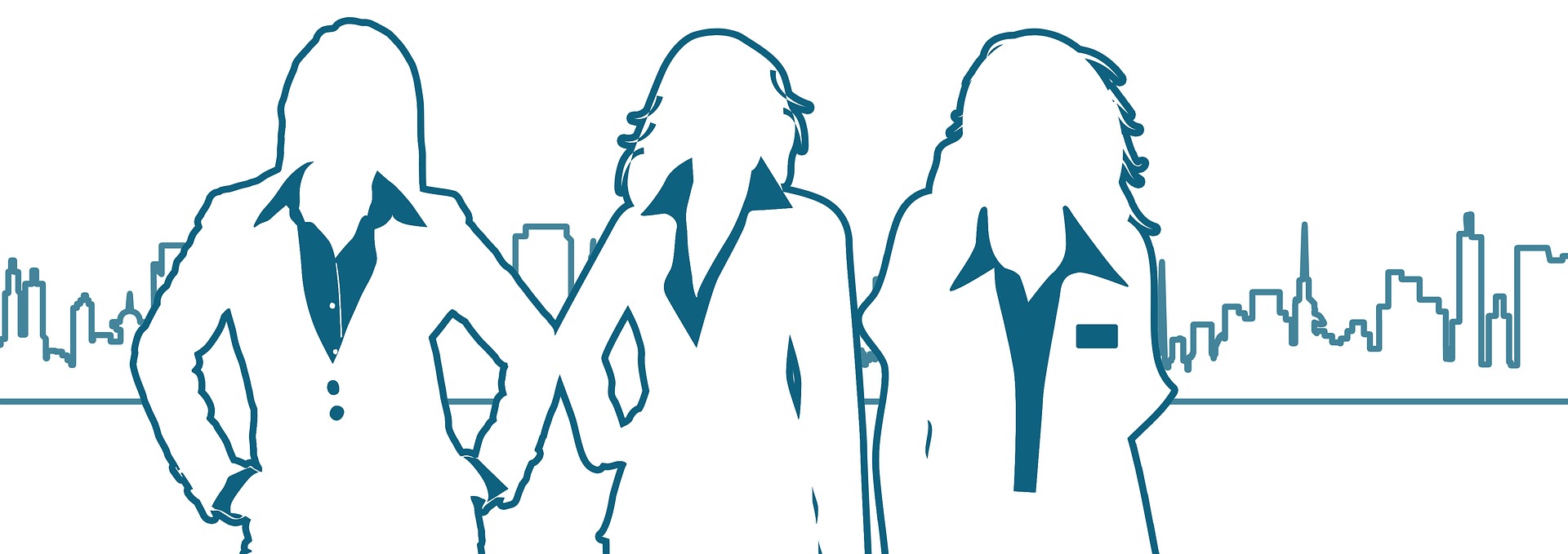 A simple, outlined illustration of three women standing side-by-side in front of a city skyline
