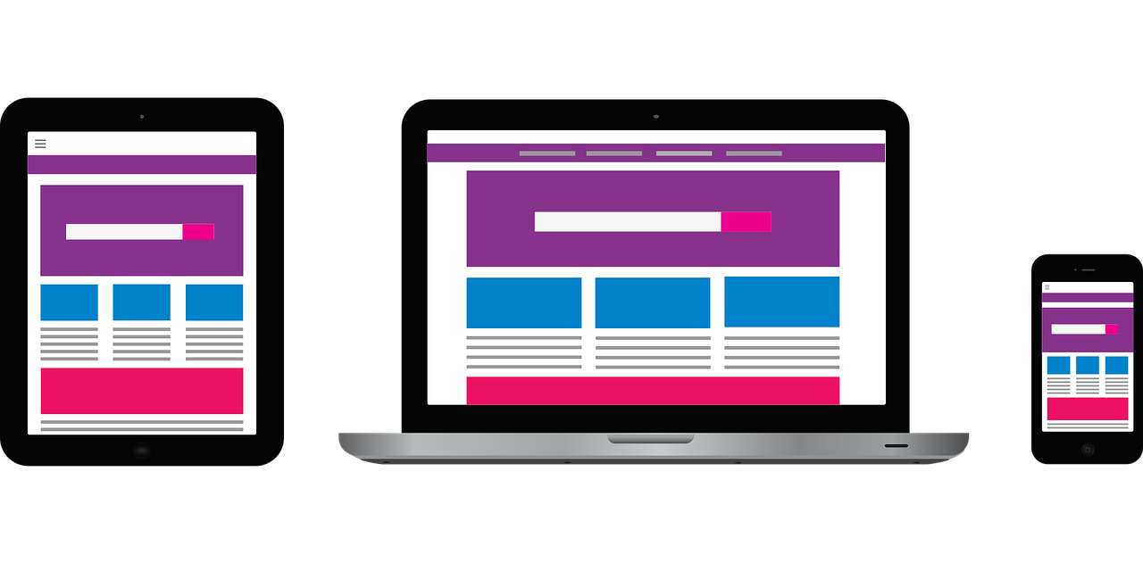 An illustration of a website displayed on three different devices: a tablet, a laptop, and a smartphone.