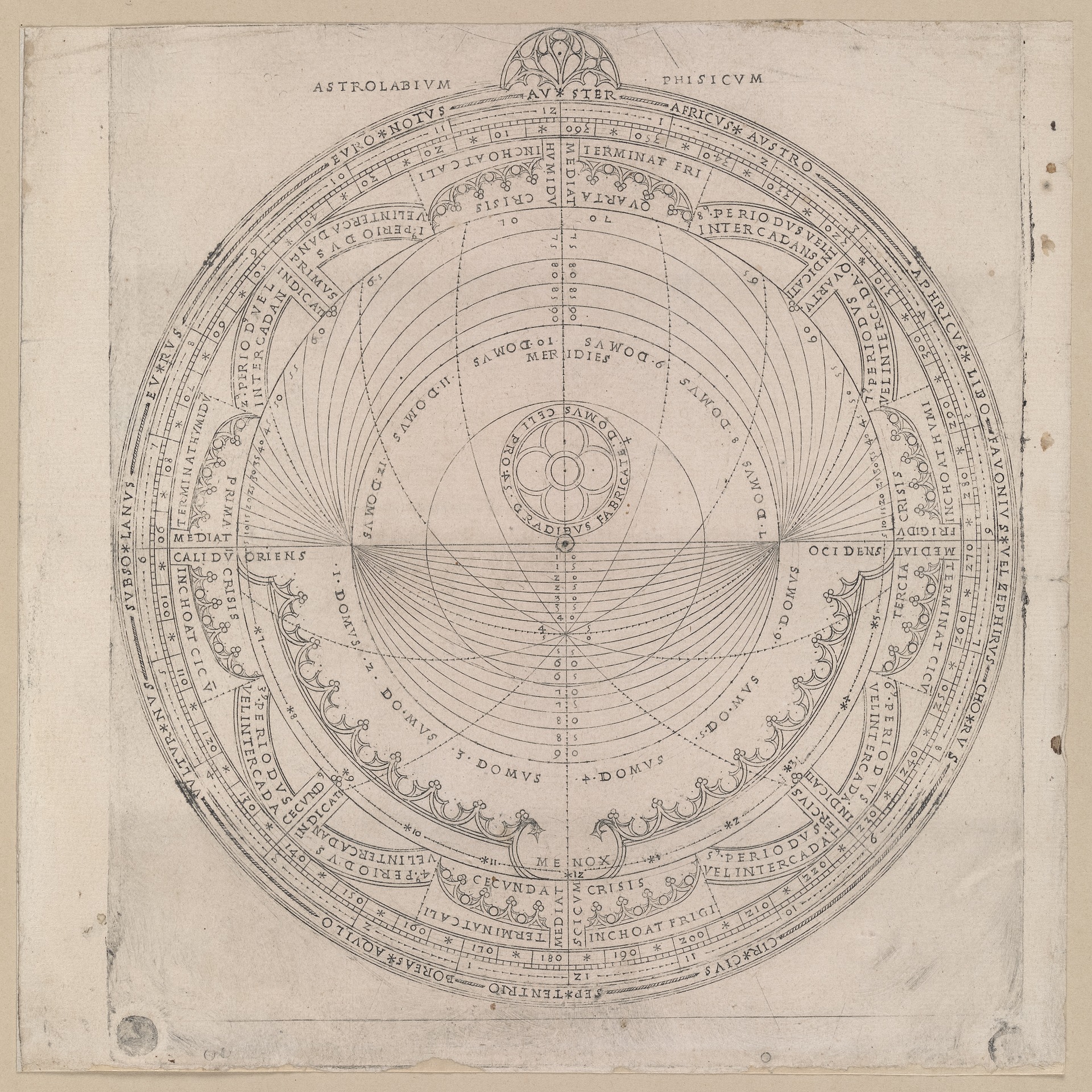 A complex diagram with intricate lines and markings, likely depicting an astrolabe.